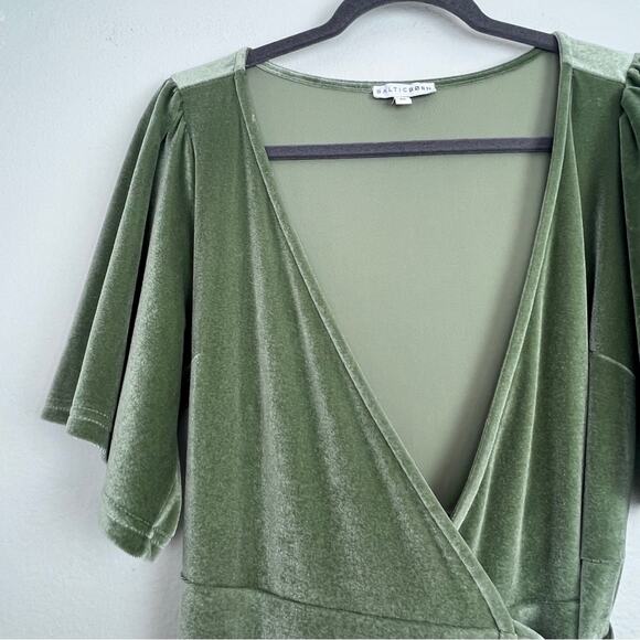 Baltic Born | Liza Olive Sage Green Velvet Short Sleeve Maxi Wrap Dress M - Picture 4 of 12